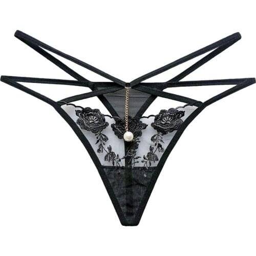 Sexy Panties Women G-String Thongs Transparent Mesh Underwear Lingerie Cross Strap Knickers Lady Solid Pearl Embroidery Panty
