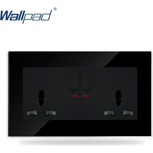 146*86mm Universal Switched Socket Wallpad Black Luxury Glass 110v-250V Double 10A 13A Univesal Wall Socket with Switch and LED