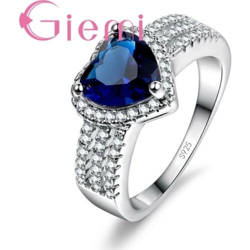High Quality Silver Jewelry Dark Blue Love Heart Rings for Women Birthday Gifts Fashion Wide Loop Paved Shiny Crystal