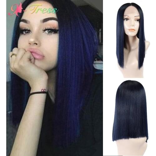 Short Bob Wig Synthetic Wigs Ombre Blue Lace Front Wig For Black Women Yaki Straight Shoulder Length Blunt Cut Lace Wig X-TRESS