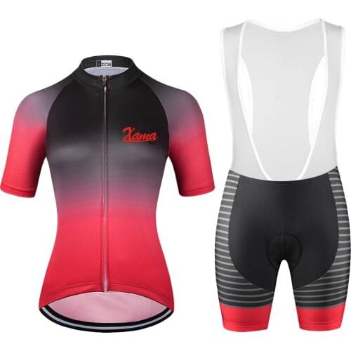 XAMA Women Short Sleeve Jersey Bib Set MTB Cycling Clothing Ropa Ciclismo Road Bike Shirt Lady Team Triathlon Uniform Breathable