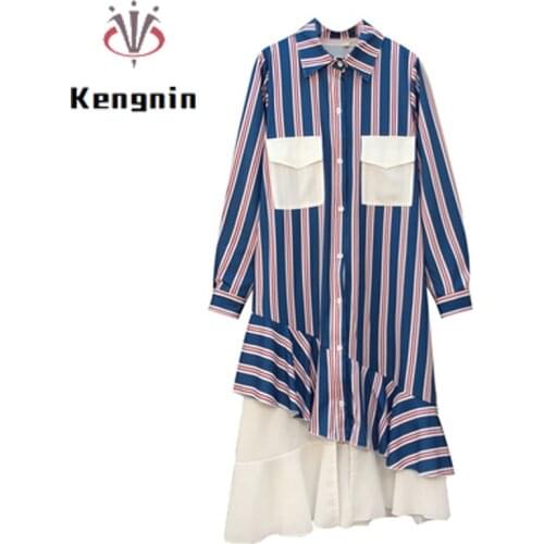 Spring 2021 Plus Size 4XL Office Lady Vestidos Long Sleeve Patchwork Womens Dresses Loose Asymmetrical Striped Female KE875