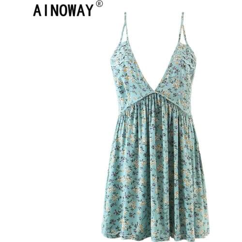 Vintage women green floral print sleeveless beach Bohemian Strap dress Ladies deep v-neck cotton Boho mini sundress