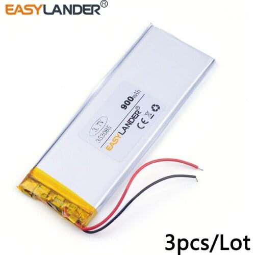 3pcs /Lot 3.7v lithium Li ion polymer rechargeable battery 353085 900mAh For Mp3 DVD PAD phone tablet pc power bank