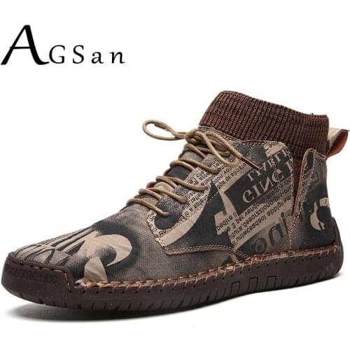 AGSan Winter Men Boots Warm Plush Snow Boots Big Size 38-48 Fashion Sneakers Shoes Outdoor Ankle Mens Boots Lace Up Botas Print