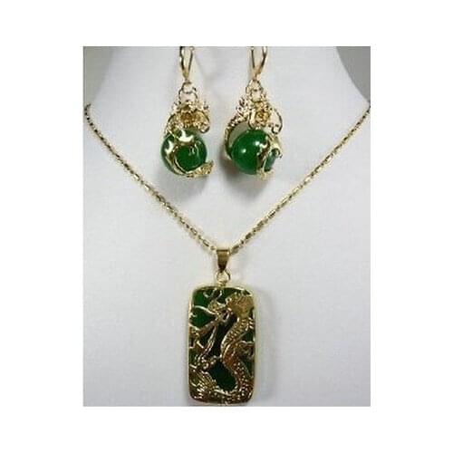 >>@> Wholesale fast SHIPPING >>>>Charming Green stone Dragon Pendant necklace earring set Natural jewelry