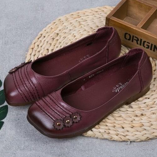 AARDIMI Womens Real Leather Shallow Ballet Flats Ladies Slip-On Floral Shoes Woman Casual Retro Loafers Female Summer Footwear