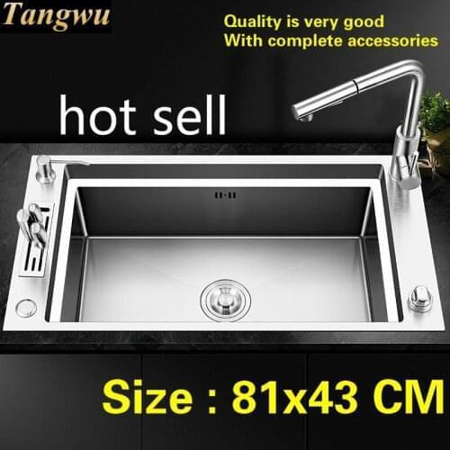 Free shipping Apartmen kitchen manual sink single trough push-button drainer food grade stainless steel big 81x43 CM