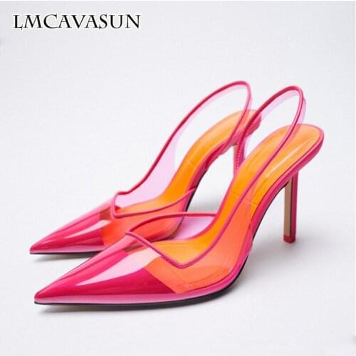 LMCAVASUN Plastic High Heel Shoes 2021 New Pointed Toe Rose Red Transparent Stiletto Heel Slingbacks Sandals
