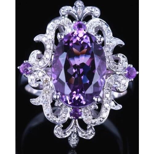 HELON 925 Sterling Silver Oval 4.54ct 100% Genuine Natural Amethyst Diamonds Ring Engagement Women Special Flowers Fine Jewelry
