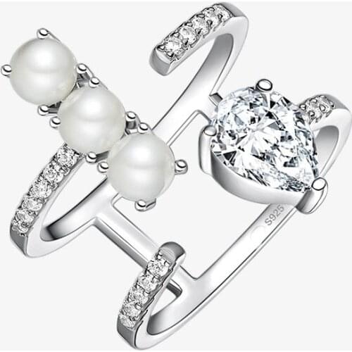 SLJELY Fashion Real 925 Sterling Silver Water Drop Double Circles Ring with Pearl Zircon Women Luxury Brand Fine Party Jewelry