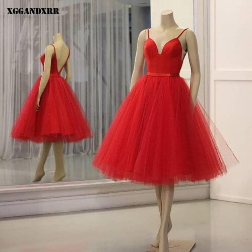 Beautiful A-Line Prom Dress 2022 Tulle Pleat Tea-Length Red V-Neck Sleeveless Evening Dress Custom Made