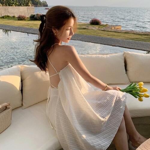 Summer WomenS Sweet style Backless Casual Halter sleeveless white Dresses Seaside vacation beach dress white dress