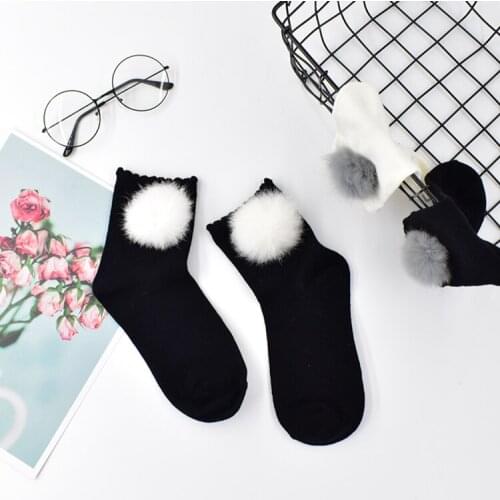 Lovely girl rabbit 's hair cotton hairball thick Student style lolita white/black socks