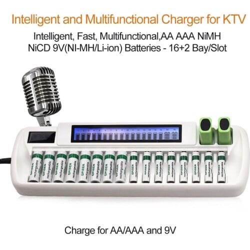 For NI-MH Ni-CD AA AAA C harger Battery Cells NI-MH Li-ion+9V Batteries OEM Smart 16+2 Bay/Slot LCD C harger