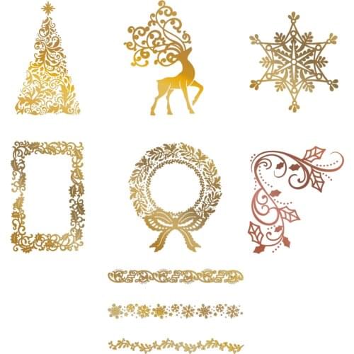 Christmas Set Fancy Tree Elk Snowflake Holly Decor Wreath Frame Lace Border Hot Foil Plates For Scrapbooking DIY Paper New Cards