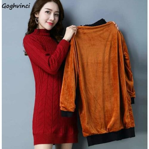 Long Sleeve Dress Womens Winter Large Size 4XL Plus Velvet Thicken Colorful Turtleneck Mini Elastic Simple All-match Warm Chic