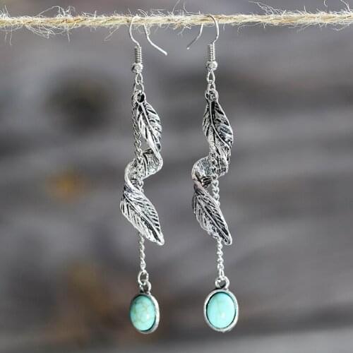Bohemia 7cm Long Link Chain Turquoises Drop Earrings Womens Gold Metal Twist Leaf Blue Stone Vintage Earring Gift Z3D308
