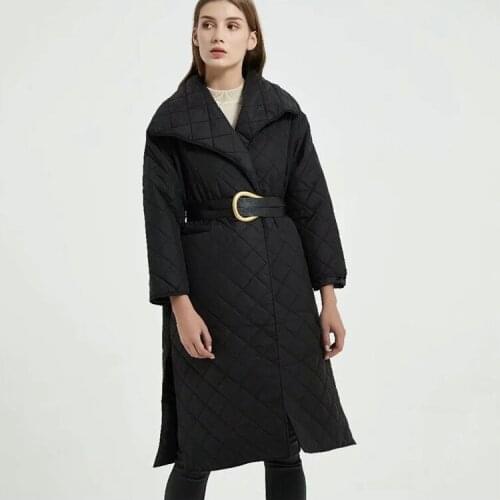 Lattice cotton-padded clothes long money in Europe and the new lapel belted waist with thick warm cotton-padded