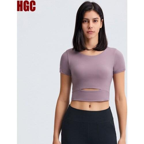 Yoga Crop Top Women Padded Push-up Short Sleeve Sports T-shirt Fitness Sports Vest Gym Elastic Hollow Out Sexy Pullover HGC