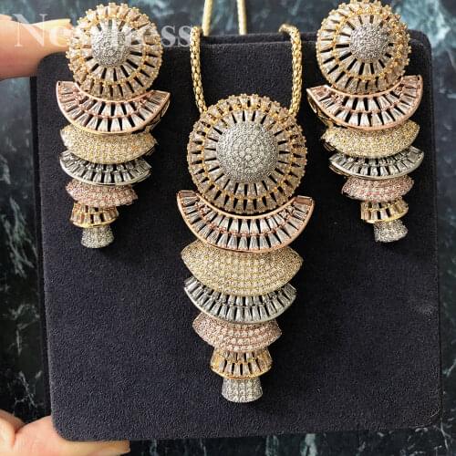 Newness Luxury Trendy Geometry Design Zircon Necklace Earring Jewelry Sets For Women Wedding Indian Dubai Bridal Jewelry Sets