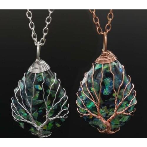 Vintage Colorful Resin Abalone Shell Pendants Charms Wire Wrap Tree of Life Necklace for Women Men Water Drop Pendant Necklaces