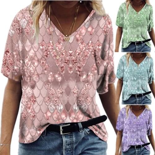 Summer 2021 Womens 3D Printed Loose V-Neck Short Sleeve T-Shirt Top