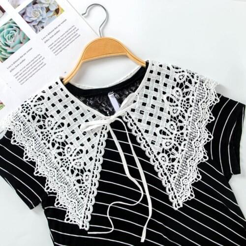 Women Lolita Decorative Fake Collar Lace Shawl Capelet Hollow Embroidery Dickey Self-Tie Ribbon Mesh Necklace
