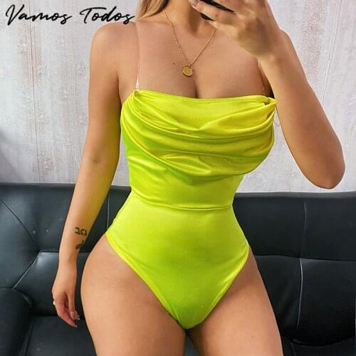 Vamos Todos 2021 New Summer Solid Satin Sexy Bodysuit Women Low Cut Pile Collar Slip Body Top Bodycon Fashion Streetwear Outfits