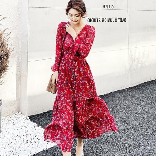 2021 Spring and Summer Womens Dress Retro Long Sleeve V-neck Casual Print A-line Dress Party Display Holiday Dress Lady