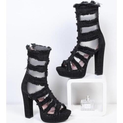 Carpaton Summer Sexy Thick Heels Sandal Boots for Woman Denim Blue Open Toe Cutouts Gladiator Sandals Punk Style Woman Shoes