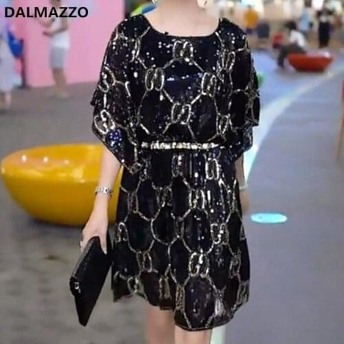 DALMAZZO 2021 New Fashion Women O Neck Mesh Sequins Elastic Waist Knee Length Dress Elegant Loose A Line Vestidos Female
