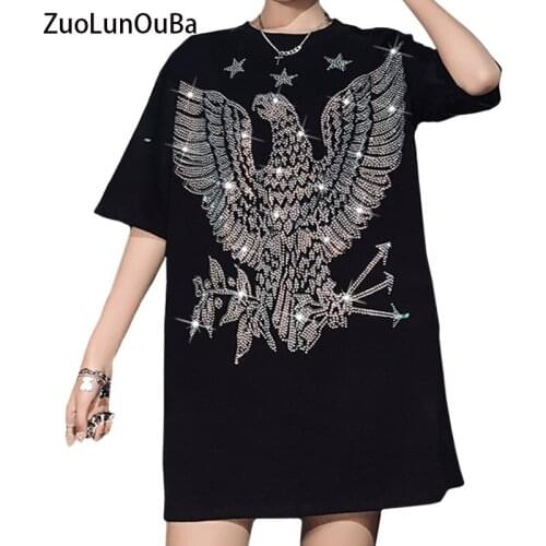 Summer High Quality Fashion Long Women T Shirt Harajuku Hot Drilling Rose Five-pointed Star Eagle Cotton Lady Tees Tops Female