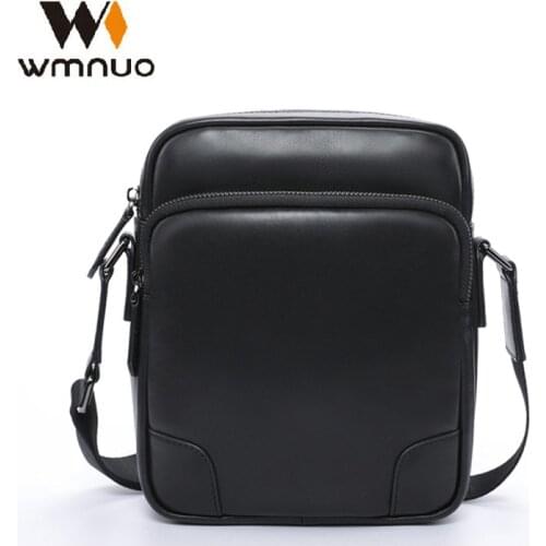 Wmnuo 100% Cow Genuine Leather Men Bag Black Zipper Business Trendy Soft Shoulder Bag Small Korean Crossbody Bag Big Capacity