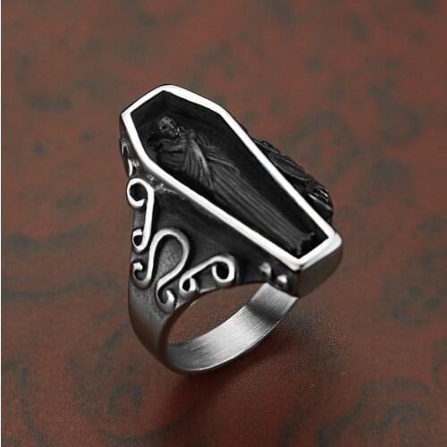 Retro Zombie Vampire Skull Biker Mens Ring Boys Black Stainless Steel Punk Coffin Rings For Men Boys Gothic Ring Wholesale