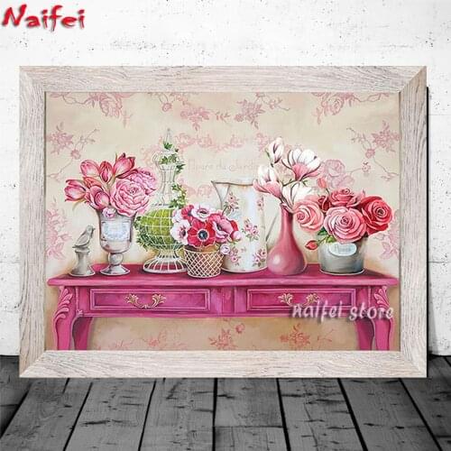 Still life Vase With Pink Flowers 5D Diy Diamond Painting Full Square Round Drill Diamond Mosaic Embroidery Rhinestone decor