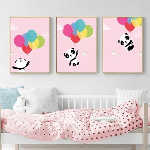 Girls Panda Nursery Wall Art Animal Canvas Poster Cartoon Pink Canvas Painting Nordic Kids Bedroom Decor Babay Room Decoration