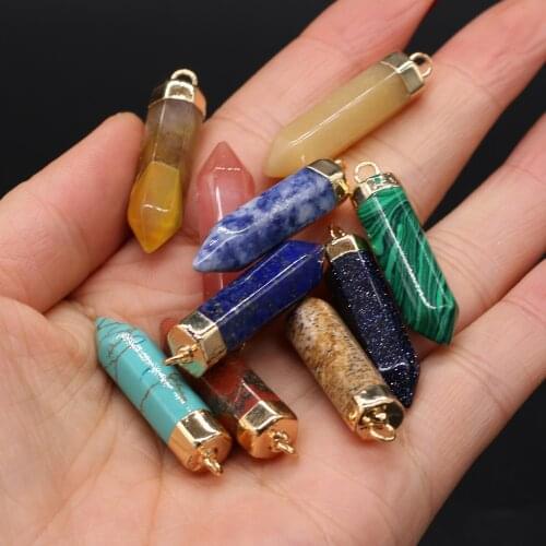 Reiki Natural Stone Charms Lapis Lazuli Hexagonal Pillar Column Healing Point Crystal Pendant for DIY Necklace Jewelry Making