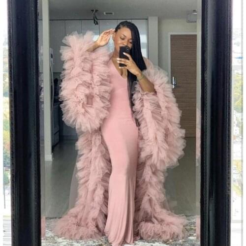 Chic Pink Illusion Ruffles Tulle Long Sleeve Women Winter Sexy Kimono Pregnant Party Sleepwear Women Bathrobe Sheer Nightgown