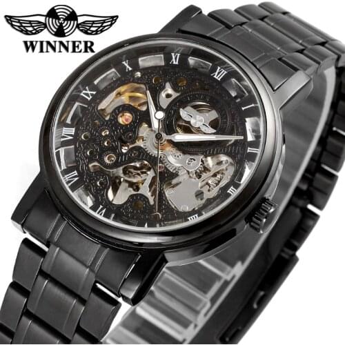 WINNER WRG8028M4B1 Automatic fashion dress wristwatch black watch with stainless steel band for men hot selling free ship
