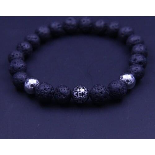 Wonlee Winle 8mm Lava Stone Beaded Stretch Bracelets for Men&Women Stainless Steel Flower Hollow Ball Charms Strand Bracelet