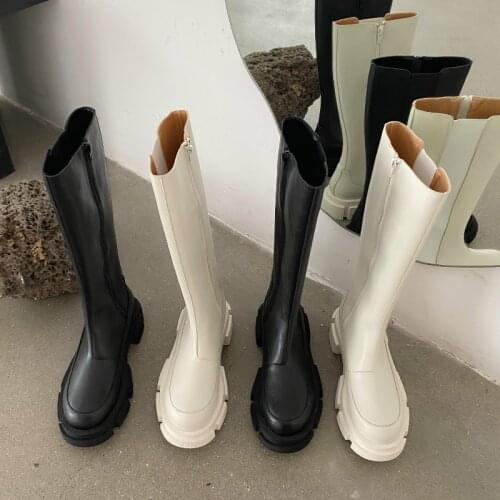 2020 Vinapobo Round Toe Platform Riding Boots Women Black white Punk Chunky Heel Knee Boots Women Side Zip Designer Shoes Women