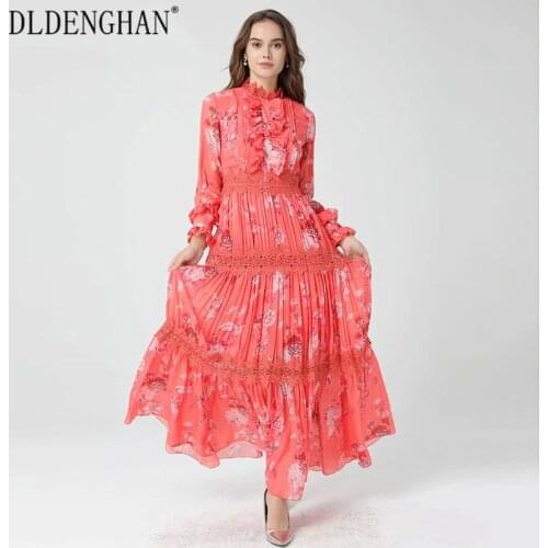 DLDENGHAN Fashion Floral Print Spring Dress Womens Long Sleeve Lace Patchwork Big Pendulum Maxi Dresses Designer New