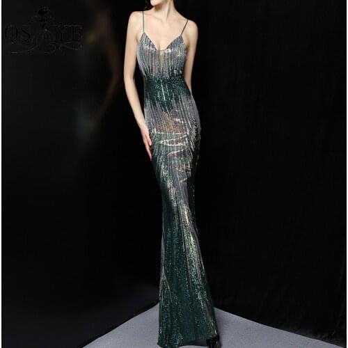 Sparkle Green Sequin Evening Dress Shoulder Straps Long Prom Gown Lace Pattern Mermaid Formal Party Dress Fading Green Gown