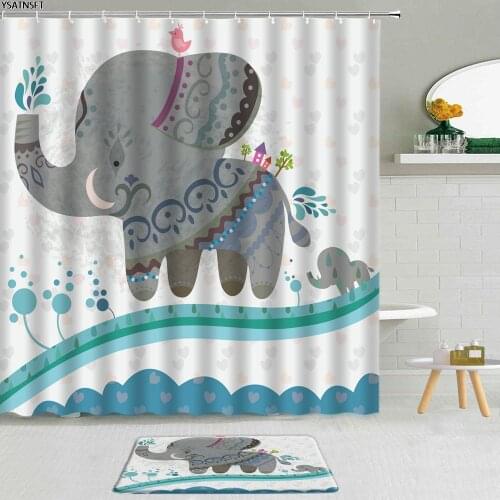 2Pcs Cartoon Cute Animal Elephant Shower Curtain Easter Eggs Rabbit Flowers Bird Non-Slip Bath Mat Bathroom Curtains Fabric Set