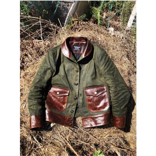Free shipping.Vintage style Classic casual leather jacket.Men 18OZ heavy Oil wax canvas coat.quality slim Spliced leather cloth