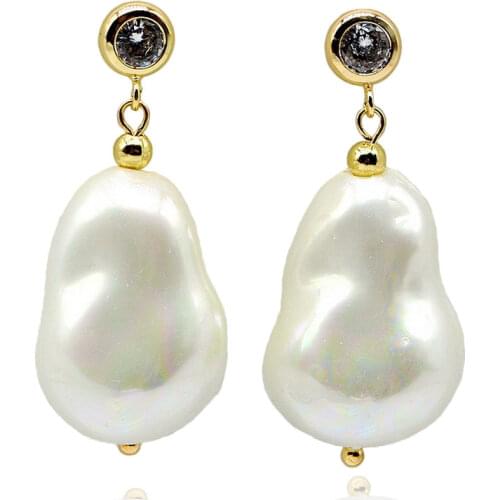 Large pearl earrings, natural white baroque pearls, golden earrings, shiny zircons, ladies pearl earrings