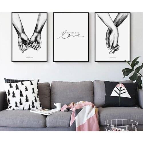 Black and White Holding Hands Love Letters Couple Abstract Self-adhesive Wall Stickers Wall Art Prints Poster Home Decoration