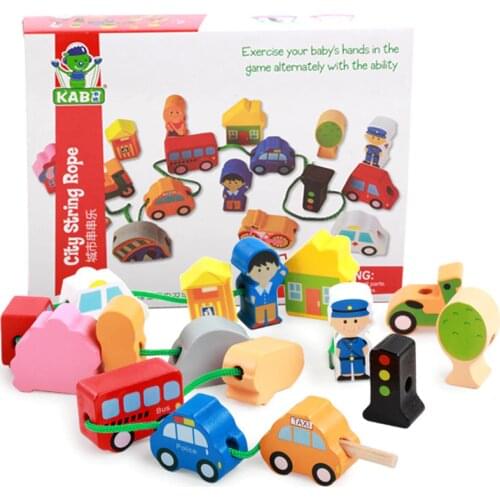 Wooden DIY City String Rope Toy For Children Educational Wear Beads Games Colorful Wood Building Block Set Montessori Toys Gifts