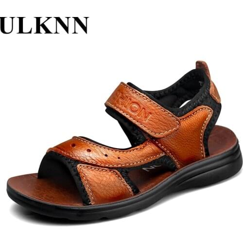 ULKNN Childrens Genuine Leather Sandals Boys Breathable Beach Catwalk Shoes For Boys Outdoor Sports Trending Kids Sandals